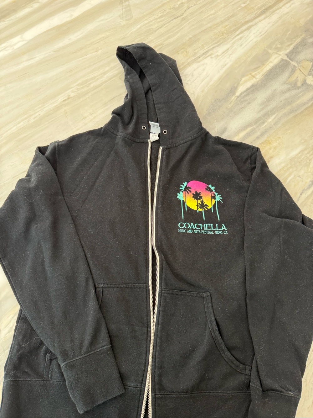 Coachella Classic Concert Hoodie -Vintage-Black Zip-Up Hoodie with Sunset Logo